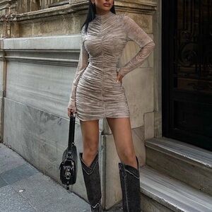 Zara Draped Tulle Long Sleeve Mini Dress